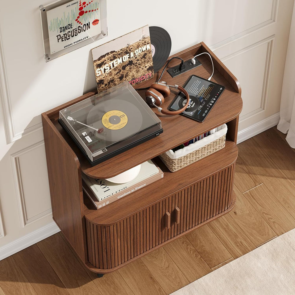 ONBRILL Mid Century Modern Record Player Stand with Charging Station,Walnut
