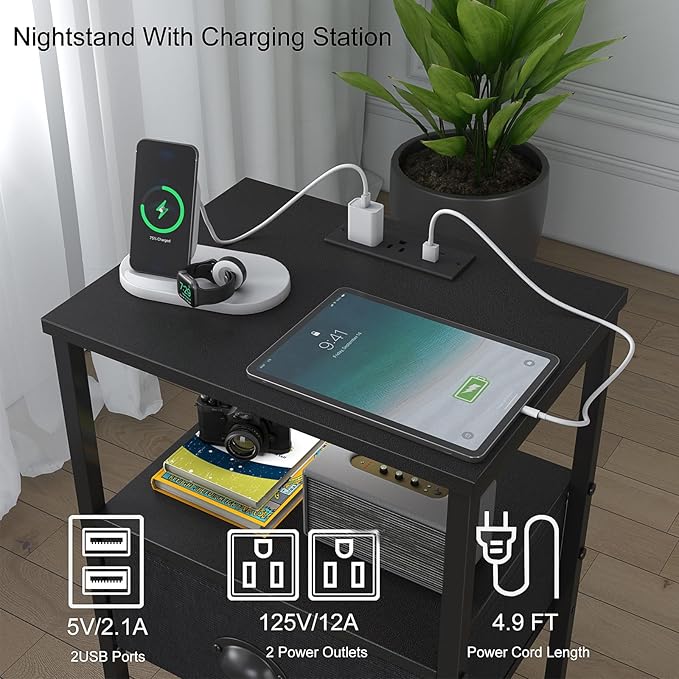 Sthmec Nightstands Set of 2, LED Bedside Tables with Charging Station and Fabric Drawer, Night Stand with Storage, 3 Tier Side Table with Open Shelf, LED Nightstand with Charging Station, Black