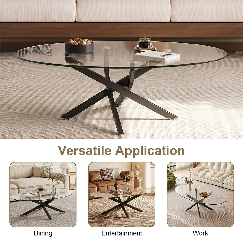 Henf Oval Glass Coffee Table, 39.4'' Transparent Top, Black Metal Legs