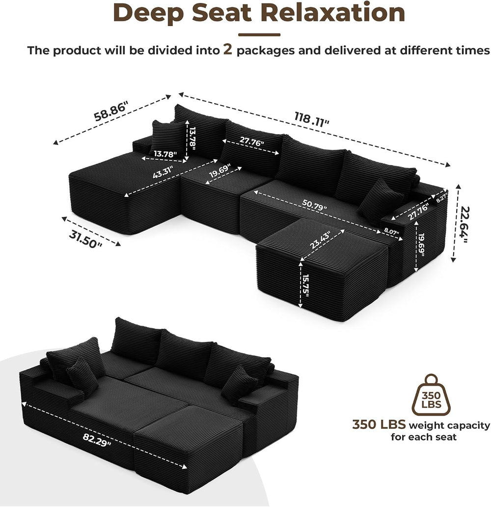 Mangodan 118'' Boneless Couch, U Shaped Couches for Living Room, Black