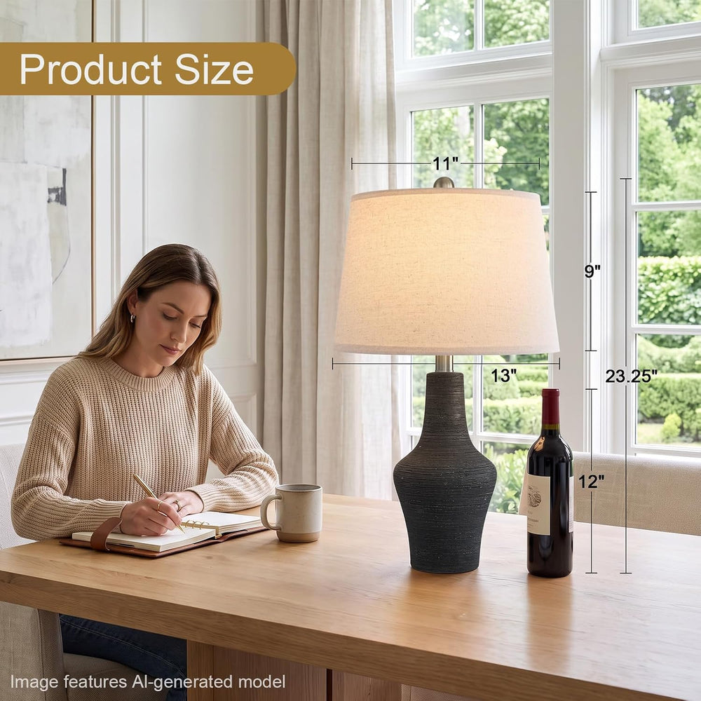 23" Farmhouse Ceramic Table Lamp Modern Bedside Lamps Matte Black
