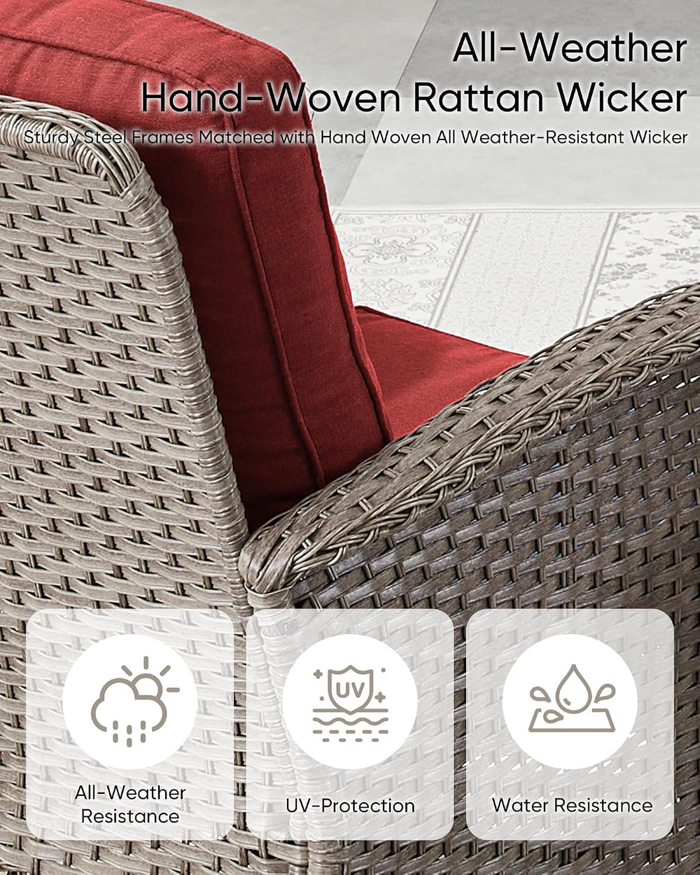 HUMMUH 6 Piece Wicker Patio Set, Swivel Rockers & Glider, Grey/Red