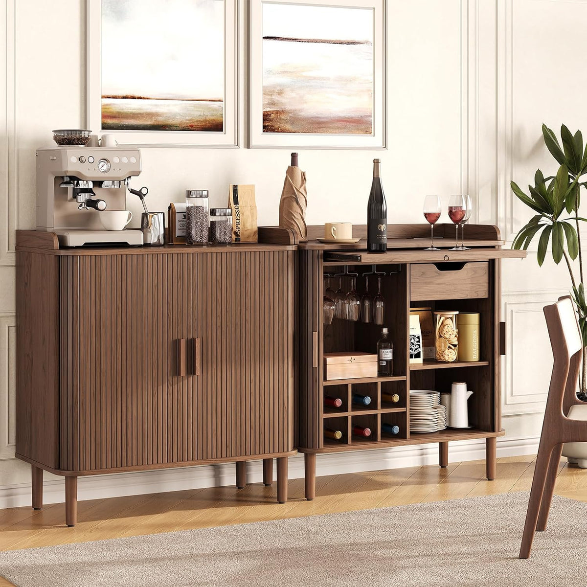 ONBRILL Fluted Bar Cabinet with Storgae, Wine Cabinet, 33" H, Walnut