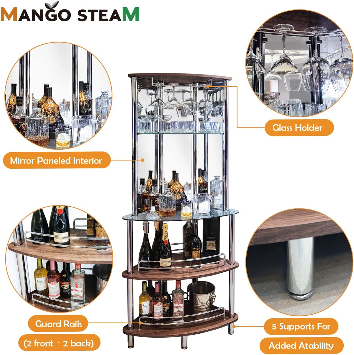 Mango Steam Contemporary Modern Home Entertainment Liquor Bar Catalina Table (Tower Bar, Clear and Brown)