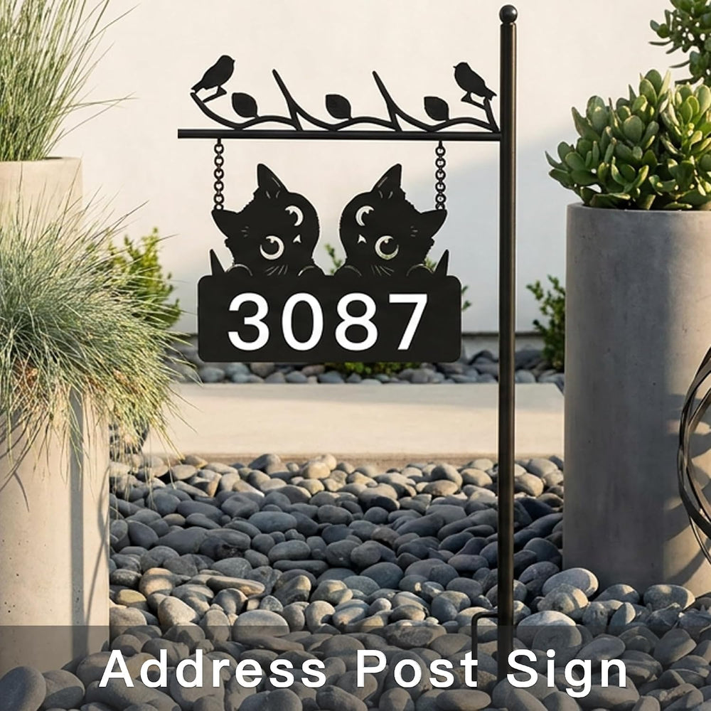 Metal Cat Address Sign, Home Numbers Plaque, Address Post Sign Double-Sided