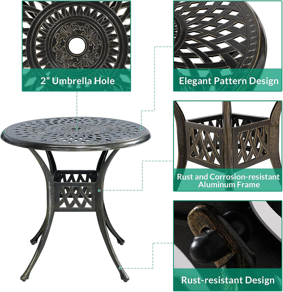 vivijason 3-piece patio furniture dining set, all-weather cast, close-up detail