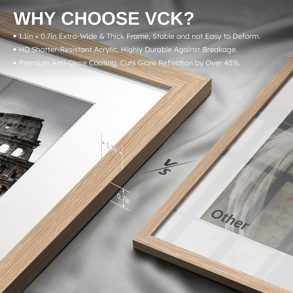 VCK 16x24 Frame 3 Pack, Oak Wood, 12x18 Mat, for Picture Print