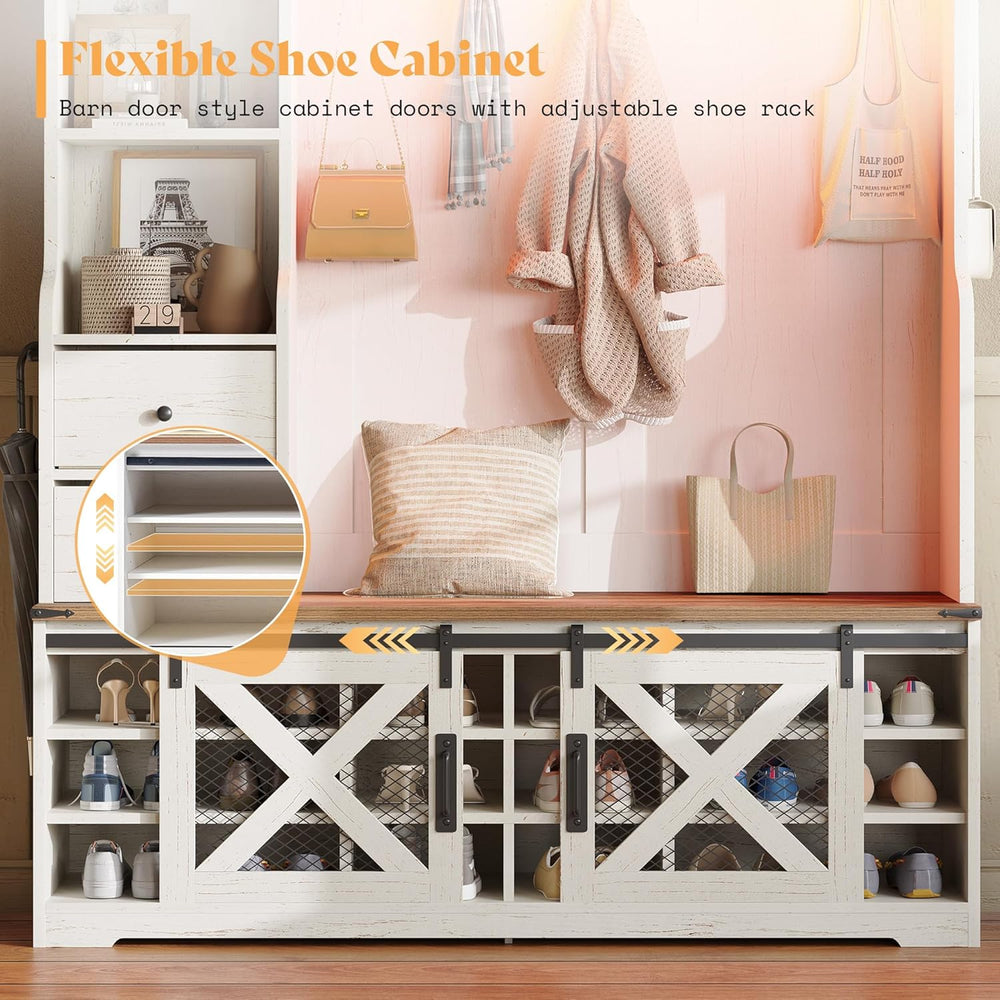 AMERLIFE 75" 7-in-1 Farmhouse Hall Tree with Shoe Bench & LED, Rusti...