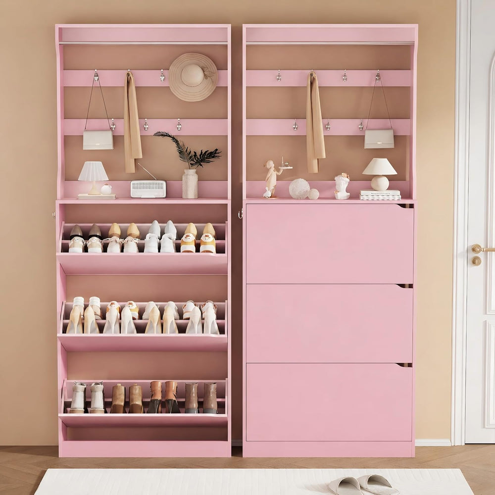 Pink Hidden Shoe Cabinet with 3 Flip Drawers & Coat Rack, Entryway