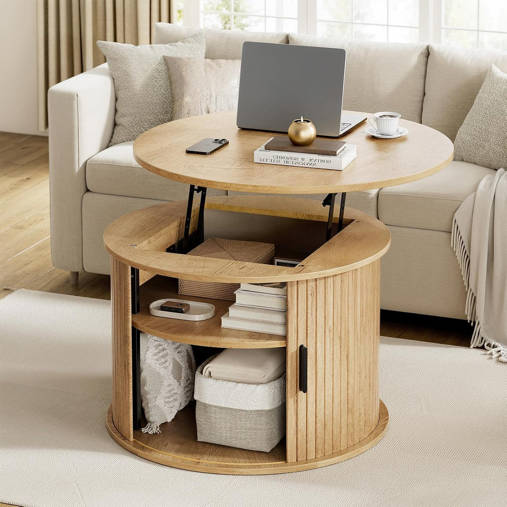 FABATO Round Lift Top Coffee Table Fluted Drum Table Sliding Door, Wood