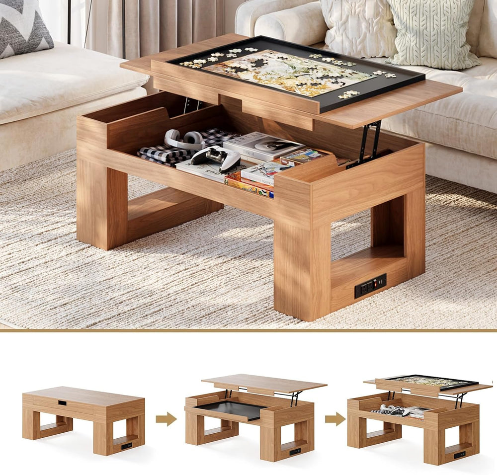 Lift Top Coffee Table with Puzzle Tray, Modern Wood Center Table with Hidden ...