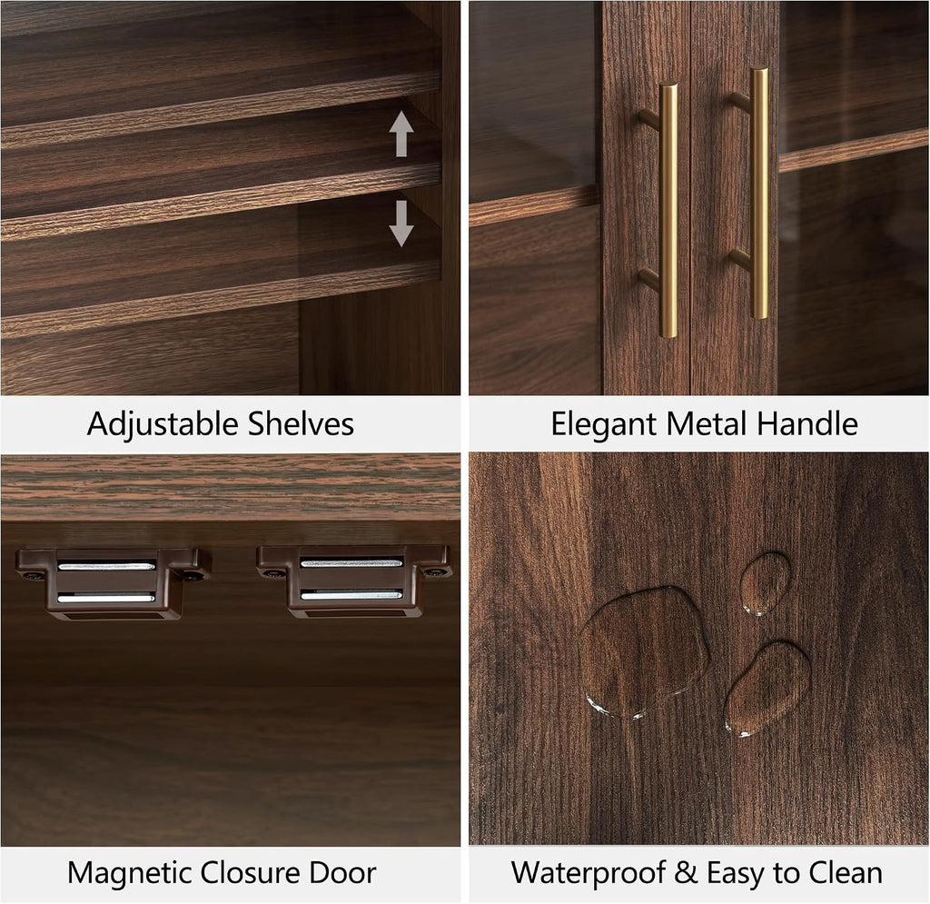 FORTUNETEC 64" Sideboard Buffet Cabinet with Arched Glass Doors,Dark Walnut
