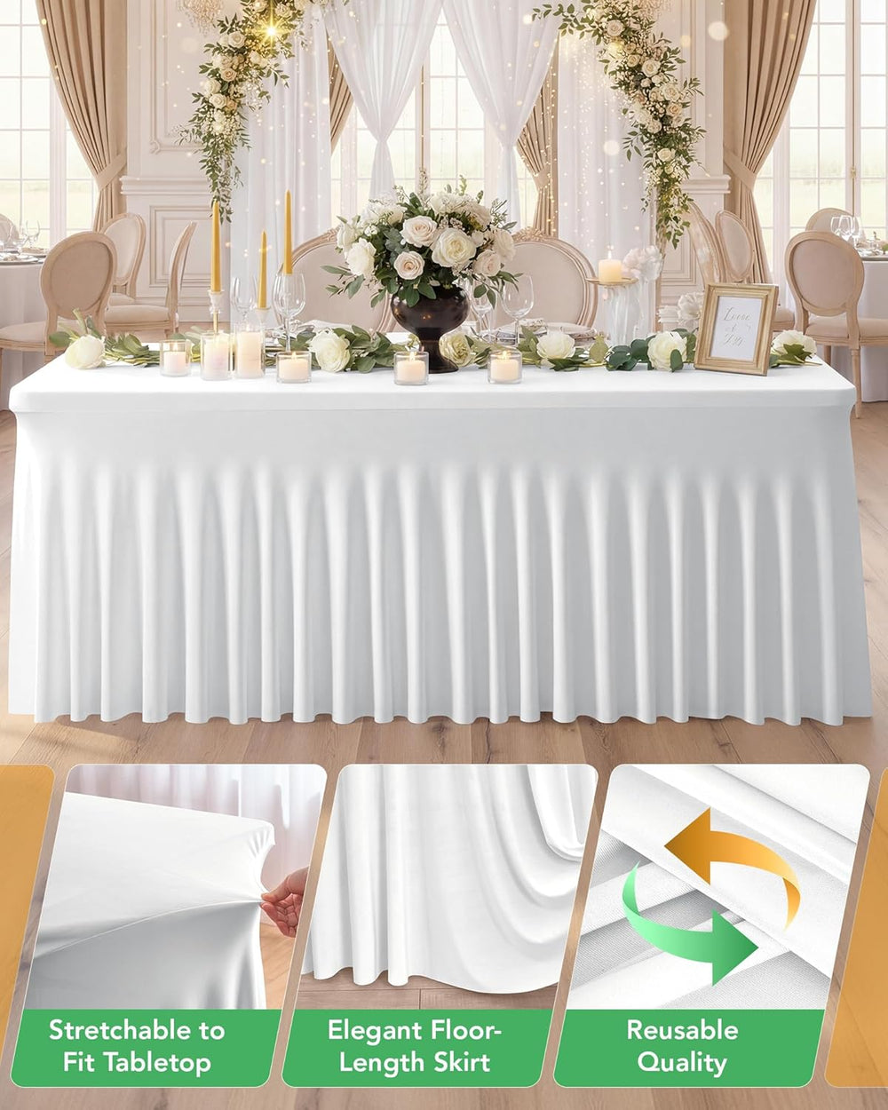 Spandex Table Cover Skirts with Floor-Length Ruffle, 6 ft, White, 6 Pack