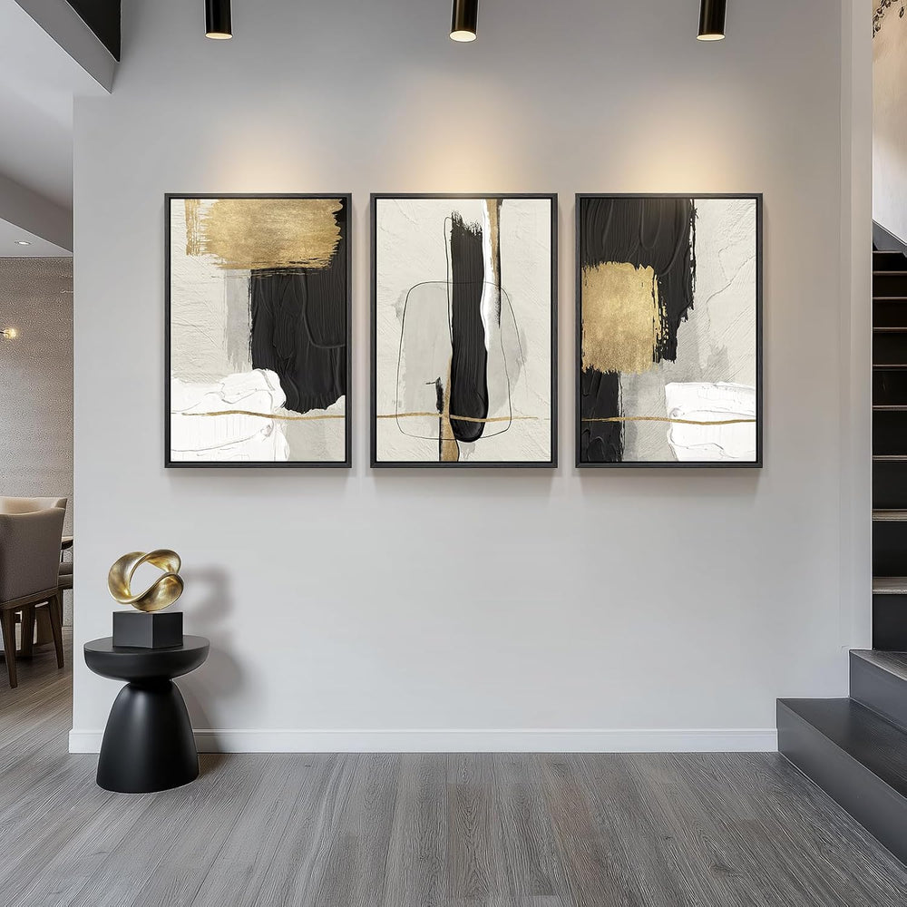 Large Framed Black and White Abstract Wall Art for Living Room, 3 Piece