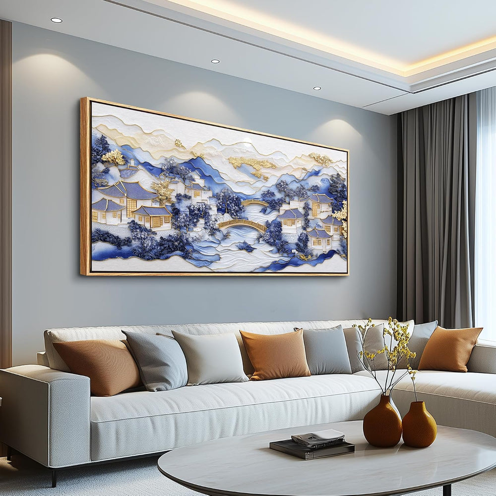 Large Blue Landscape Wall Art,Modern Abstract Wall Decor,Minimalist Artwork