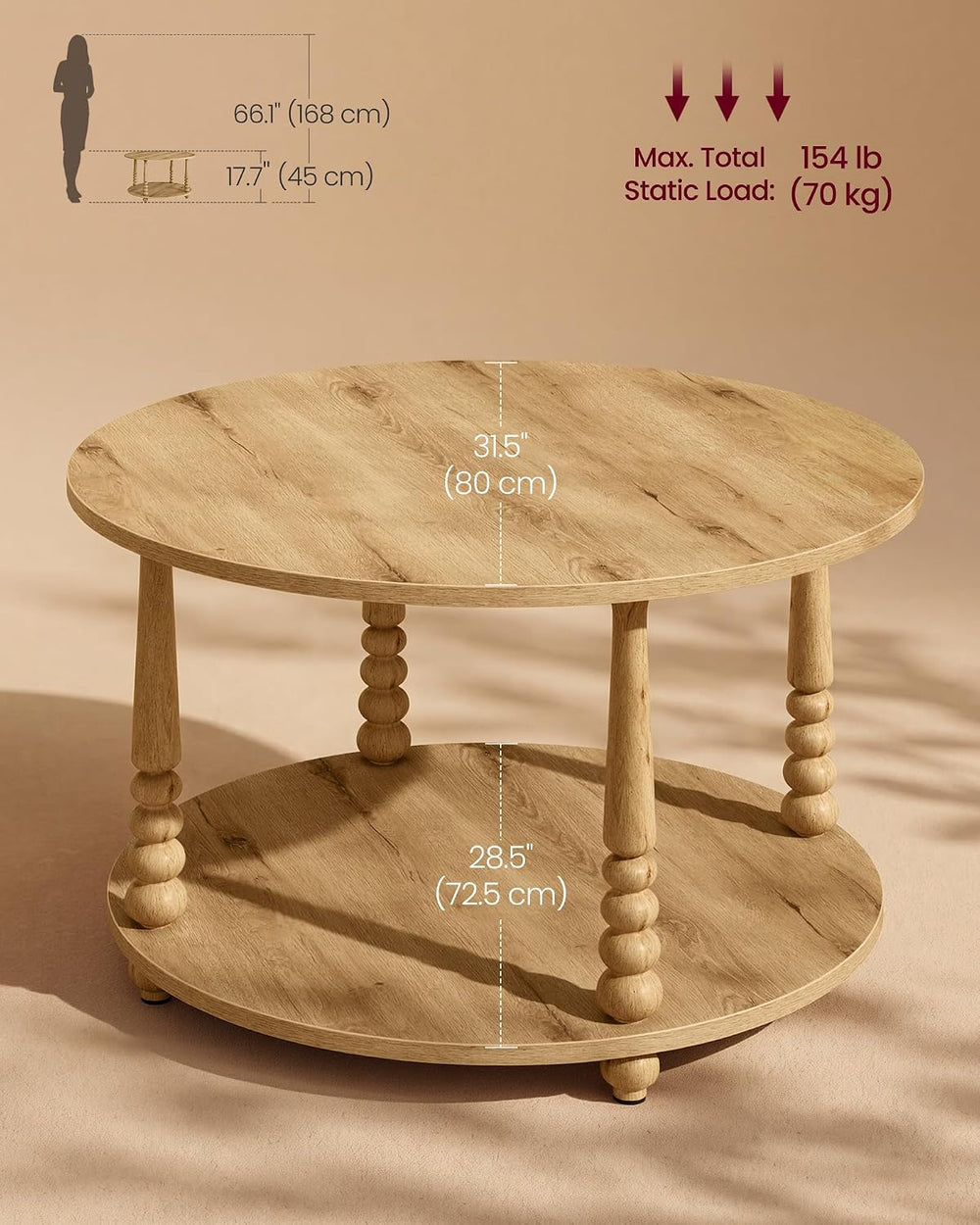 VASAGLE 2-Tier Round Coffee Table with Storage, Solid Wood Legs
