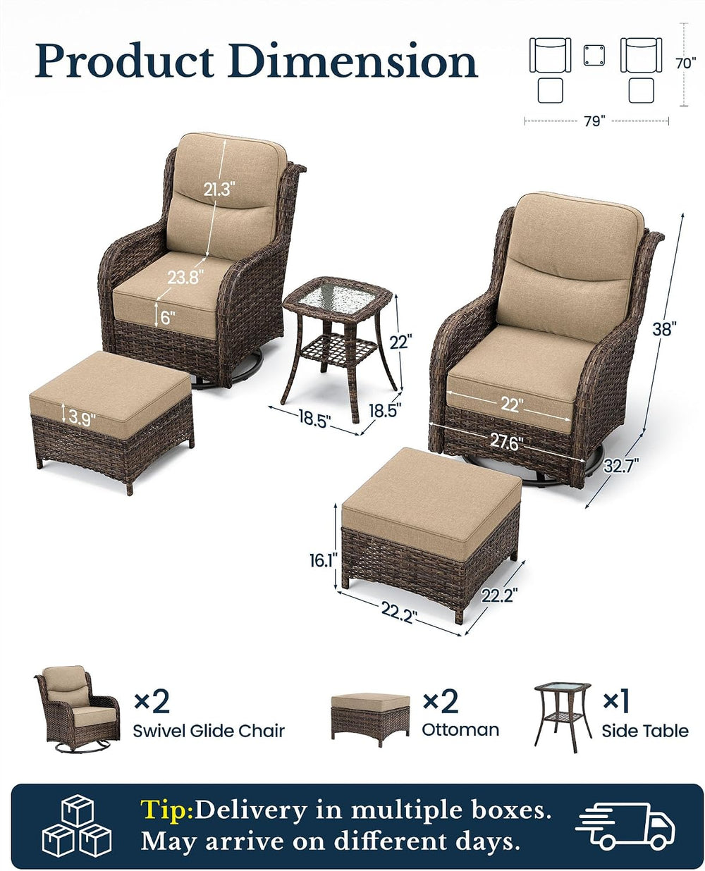 HILLGA Luxury Outdoor Patio Furniture Set with 6-Inch Thick Cushions