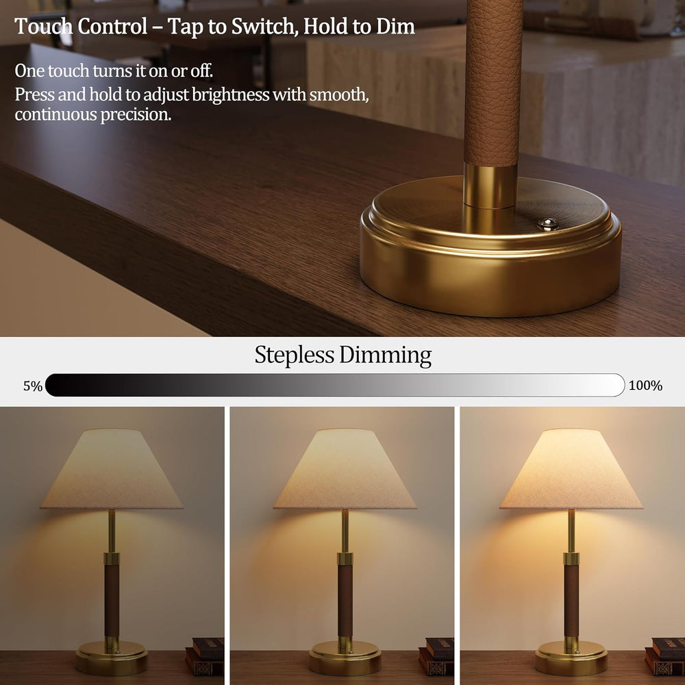 Mid Century Modern Leather Table Lamp, Cordless Rechargeable lamp Set of 2