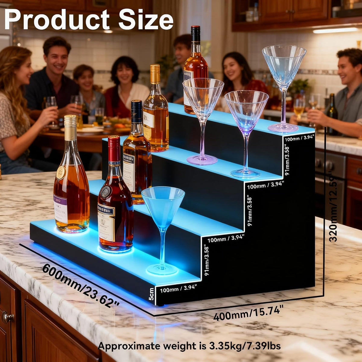 4-Tier LED Lighted Liquor Bottle Display Shelf, 23.6"x 15.8"x 12.6" Acrylic Bar Rack with Remote Control & Music Sync, Holds 24 Bottles, RGB 9 Colors for Home Bar, Pub, Party