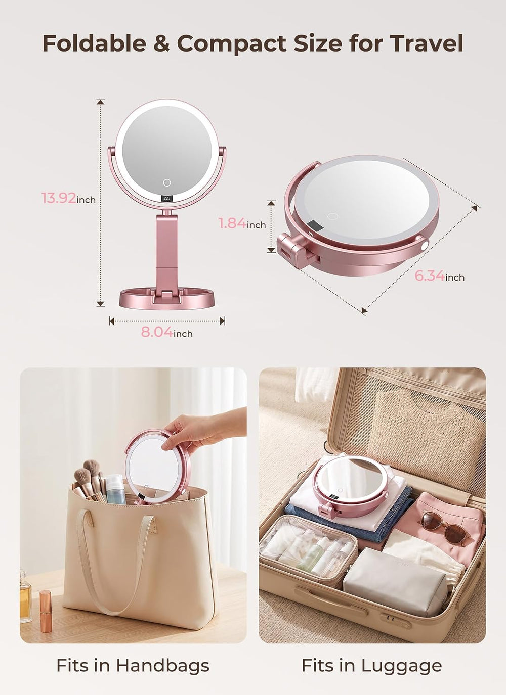 Lighted Travel Makeup Mirror,1X/10X Magnification,3 Light Modes, Rose Gold