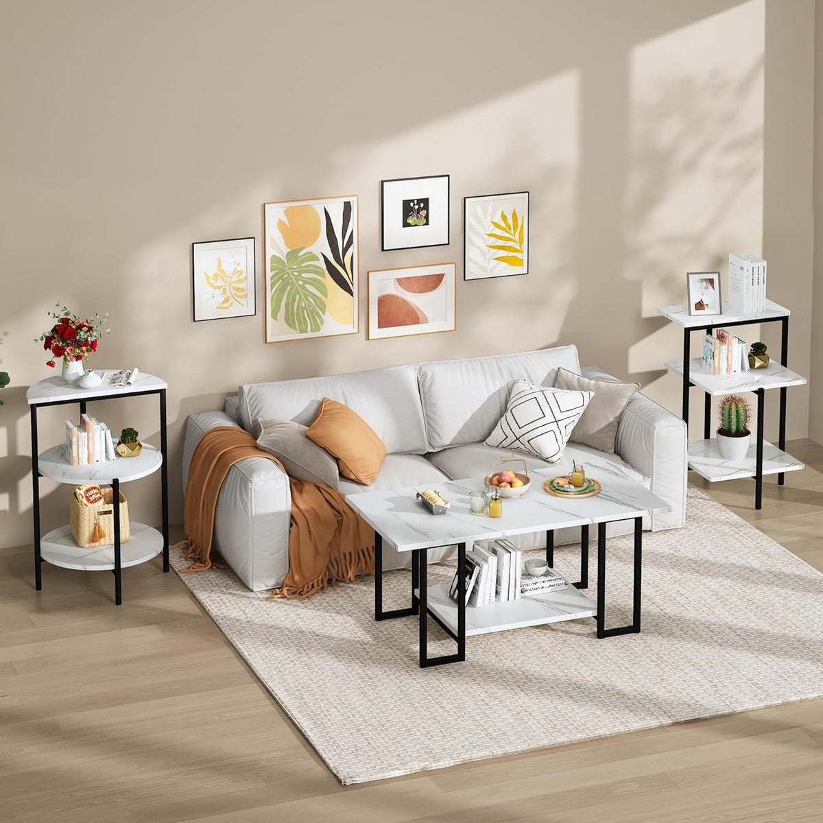 AWQM Coffee Table Set, Faux Marble Table & 2 Side Table, White & Black | 3 Piece Coffee Table Set, Modern Design, Metal Frame, Modern Living Room Table Set, For Office, Living Room & Apartment