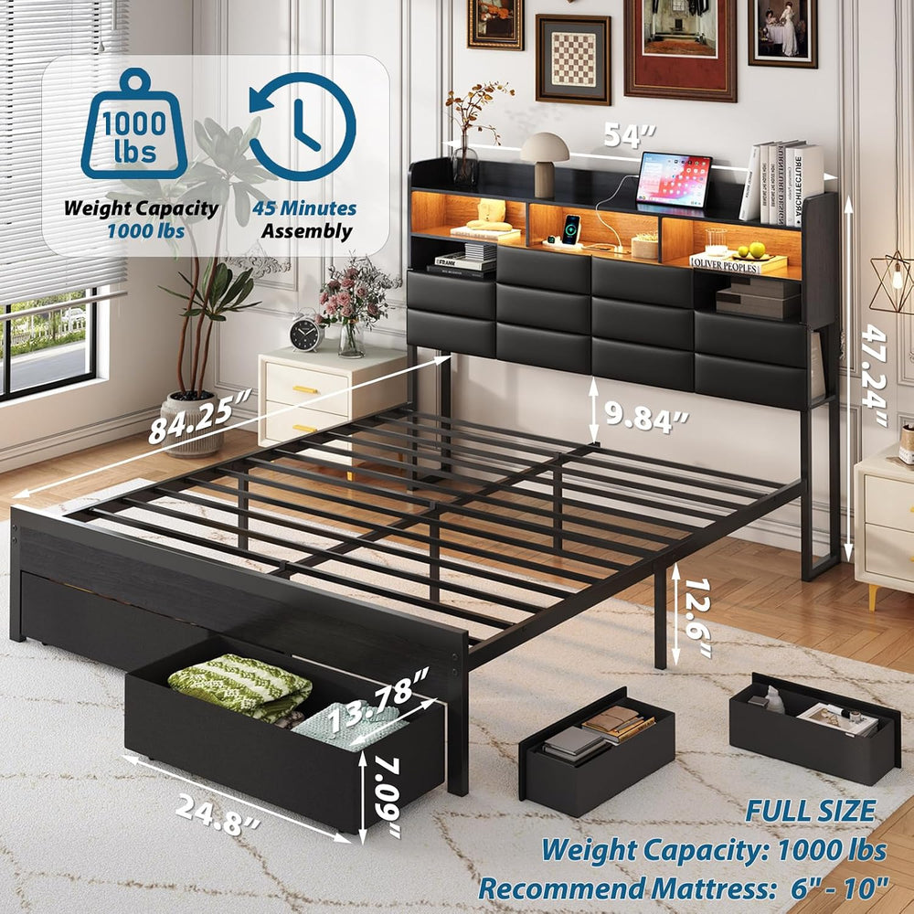 Full Bed Frame with Storage Headboard, Upholstered Black Bed Frame with 4 Dra...
