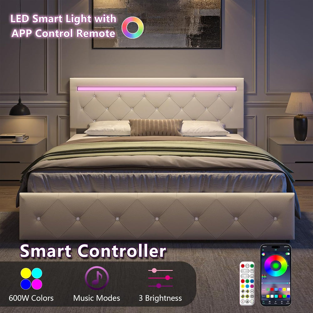 Benevika Full Size Bed Frame with 4 Drawers and LED Light, Charge Station, PU...