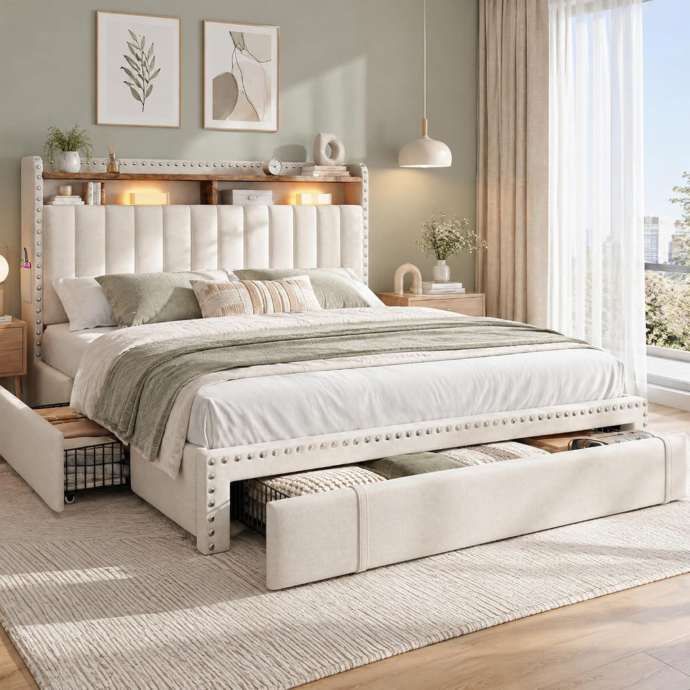 EnHomee Queen Bed Frame with 3 Storage Drawers & Headboard,Upholstered