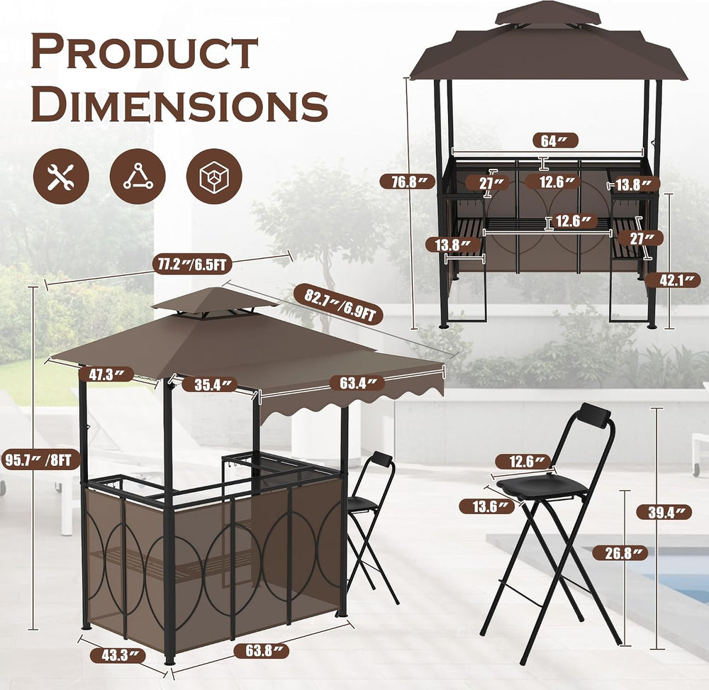 Grepatio 3 Piece Patio Bar Set with Canopy, Grill Gazebo with Bar Table and 2...