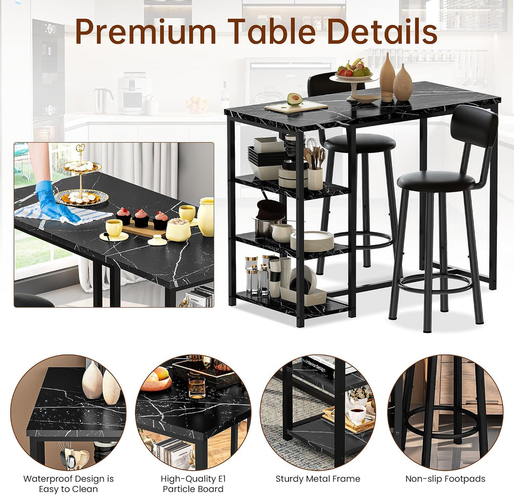 Kitchen Dining Table Set for 2, Bar Table and Chairs Set with 3 Storage Shelves, Tall Dining with 2 PU Leather Backrest Stools for Small Space, Kitchen Island, Apartment, Black