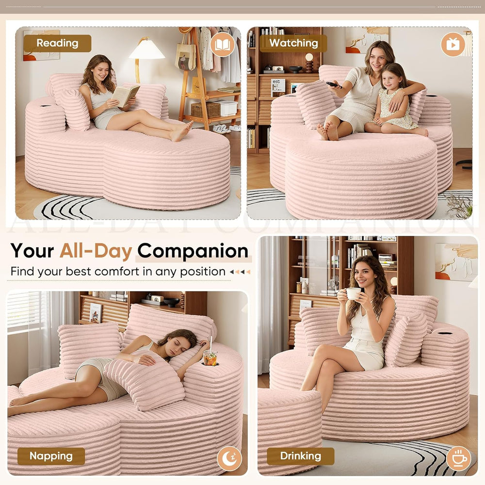 Oversized Round Chaise Longue Chair with Ottoman, Modern Corduroy Deep Seat C...