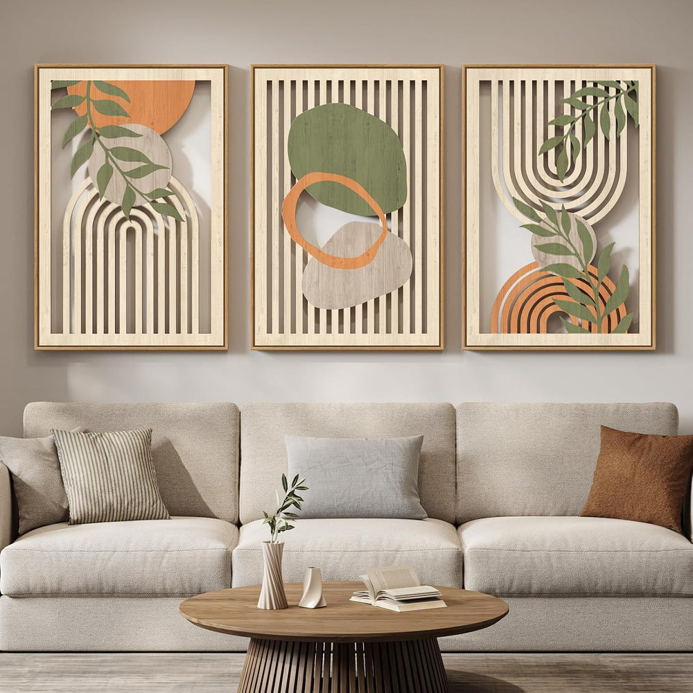 Framed Boho 3D Cutout Carved Wood Wall Art Decor for Living Room, 24x36 In