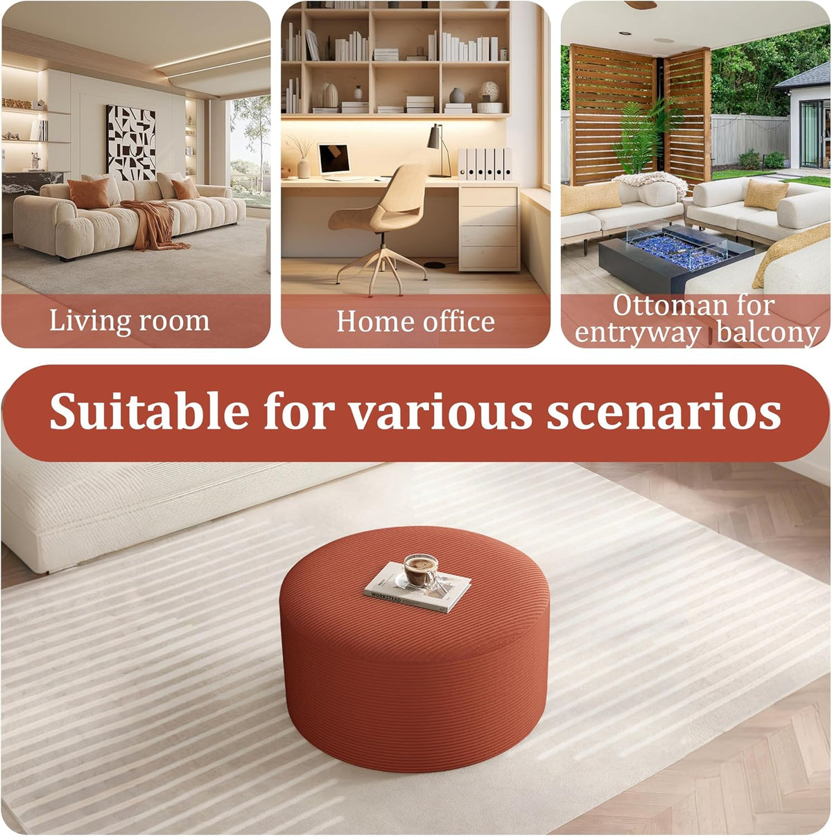BSHOMGI Round Ottoman,Corduroy Ottomans Foot Stool, 27.5" Pouf Footstool Ottomans Seat, Round Footrest, Modern Side Table for Living Room Bedroom Home Decor No Assembly Require (Orange, 32")