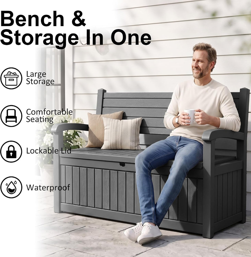 100 Gallon Outdoor Storage Bench,Waterproof Resin Deck Box with Seat Black