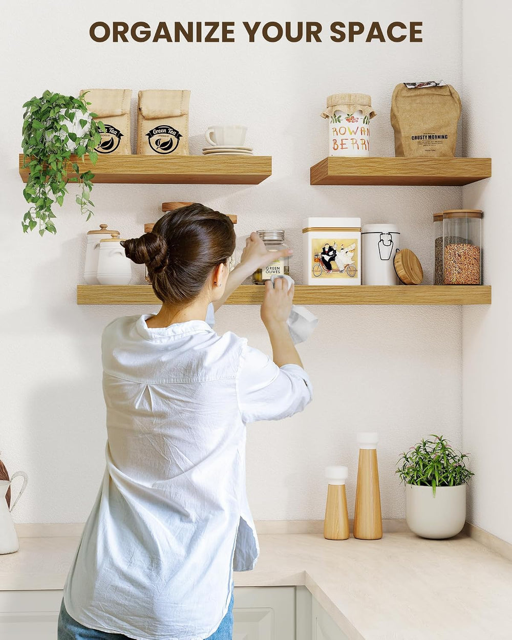 Marsmiles 55" Floating Shelves for Wall, Wooden Shelves with Invisible B...