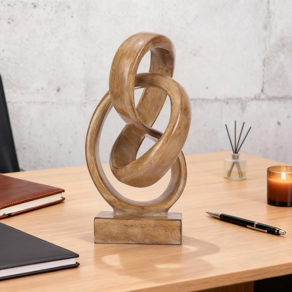 Abstract wood-toned knot sculpture, geometric decorative statue, wood-toned a...