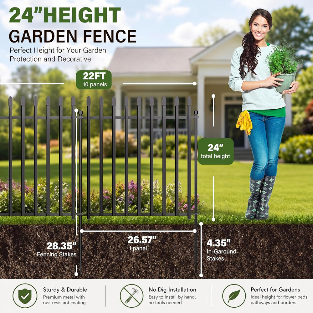 No Dig Decorative Garden Fence, 24in(H)×22ft(L), 10 Panels