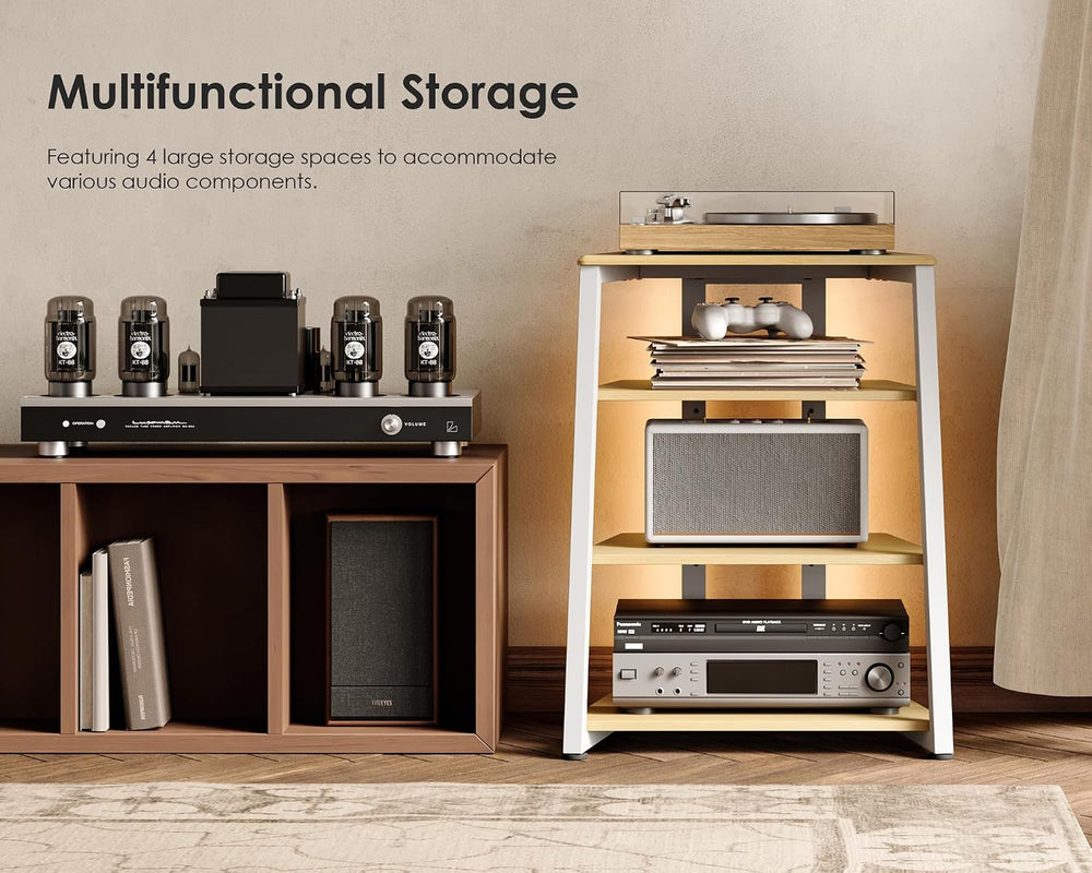 FITUEYES 4-Tier Media Stand with LED Backlight Integrated Power,White Oak