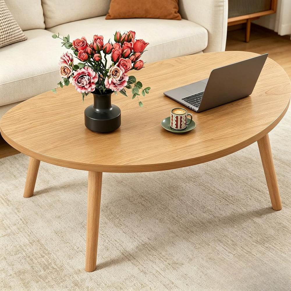 Coffee Table, 31.5" Low Coffee Tables with Solid Wood Legs Kidney Natural