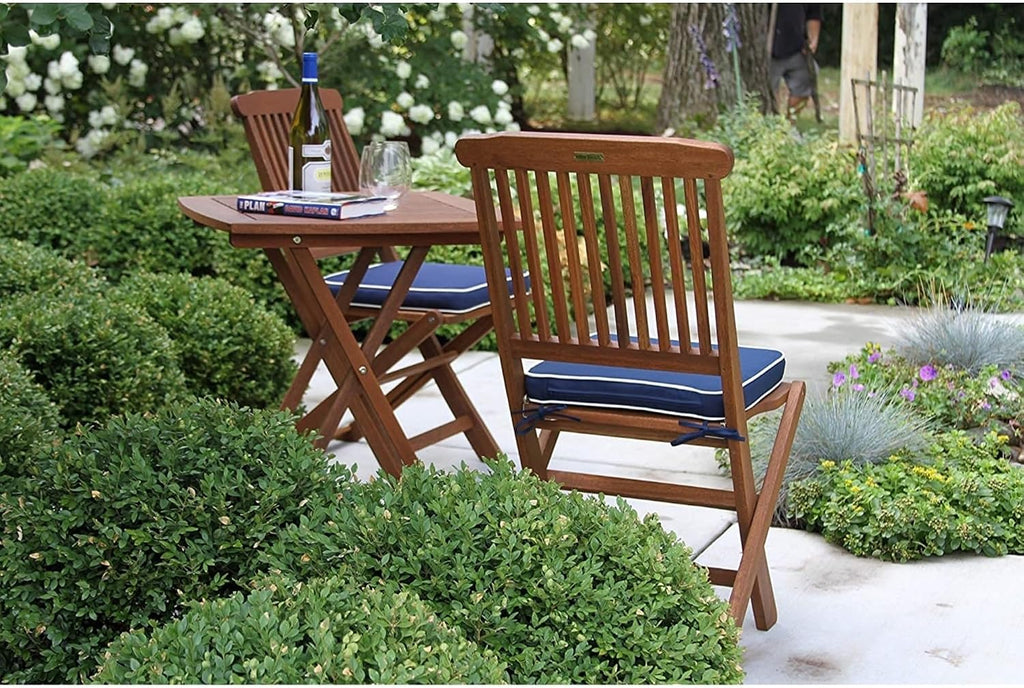 Outdoor Interiors Eucalyptus Wood 3-Piece Square Foldable Bistro Outdoor Furniture Patio Set, Table and 2 Chairs with Cushions, Blue