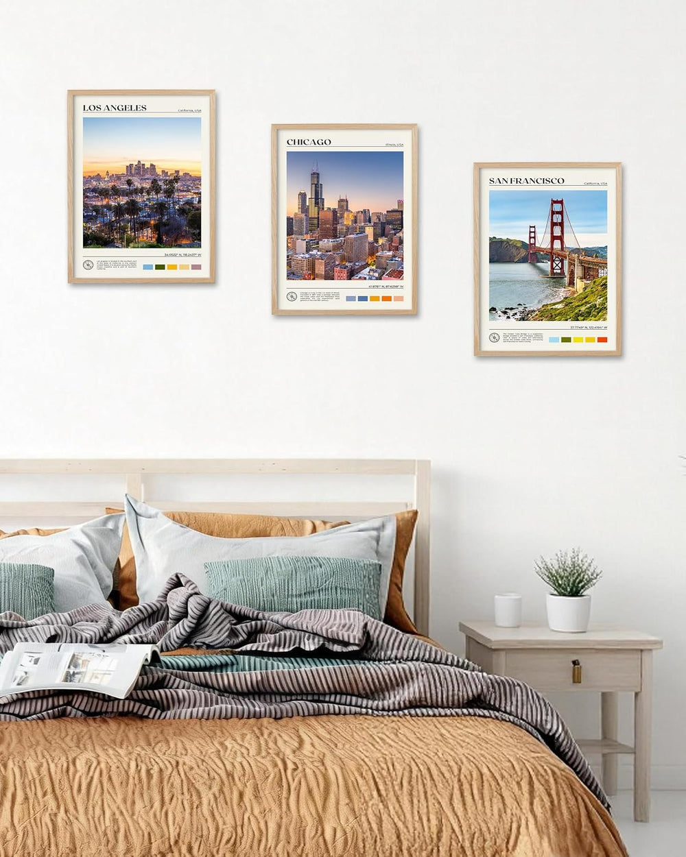 HesenDot Natural OAK Wood Los Angeles Cityscape Framed Wall Art,12x16in City ...