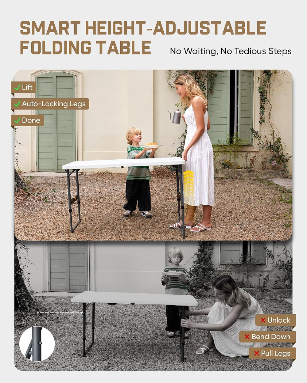 FanttikOutdoor Folding Table 4 Foot Quick Adjust Portable Plastic 4 Heights