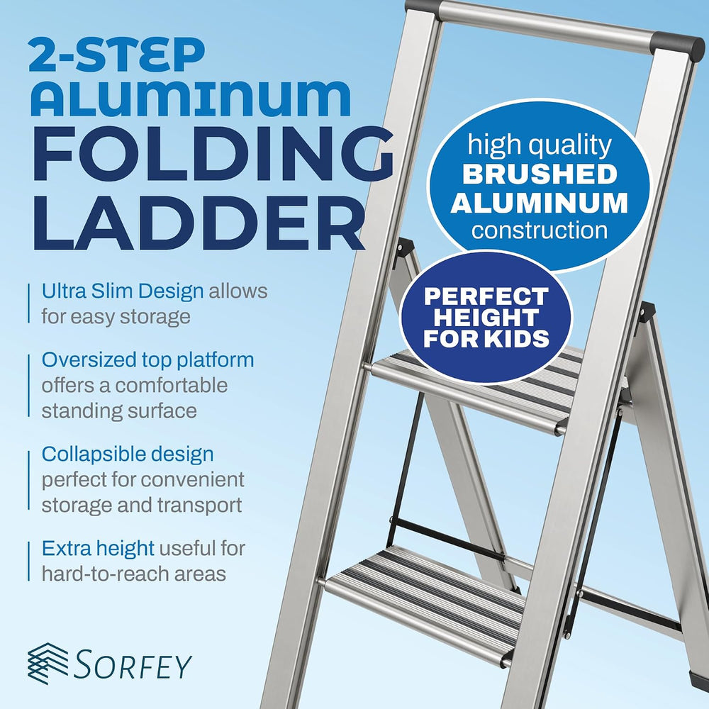 Step Ladder 2 Step Folding, Decorative - Modern Beautiful Aluminum, Lightweig...