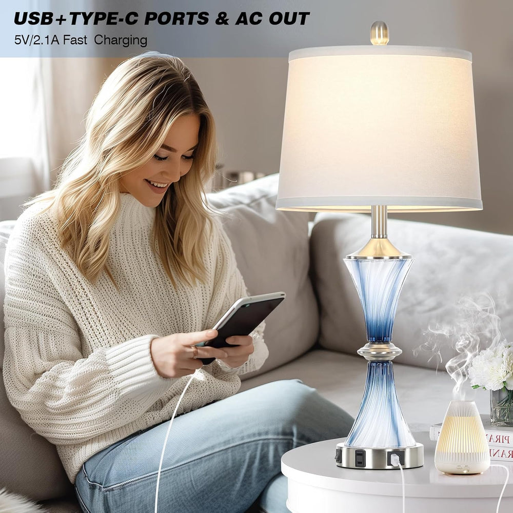 Rinweey Blue Glass Table Lamp Set of 2 with USB C+A Ports & AC Outlet, Be...