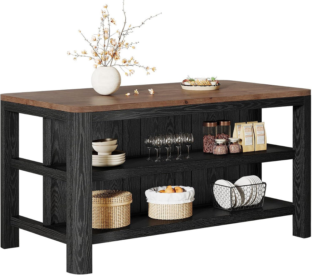 63" Solid Wood Kitchen Island with Storage Shelves, Black