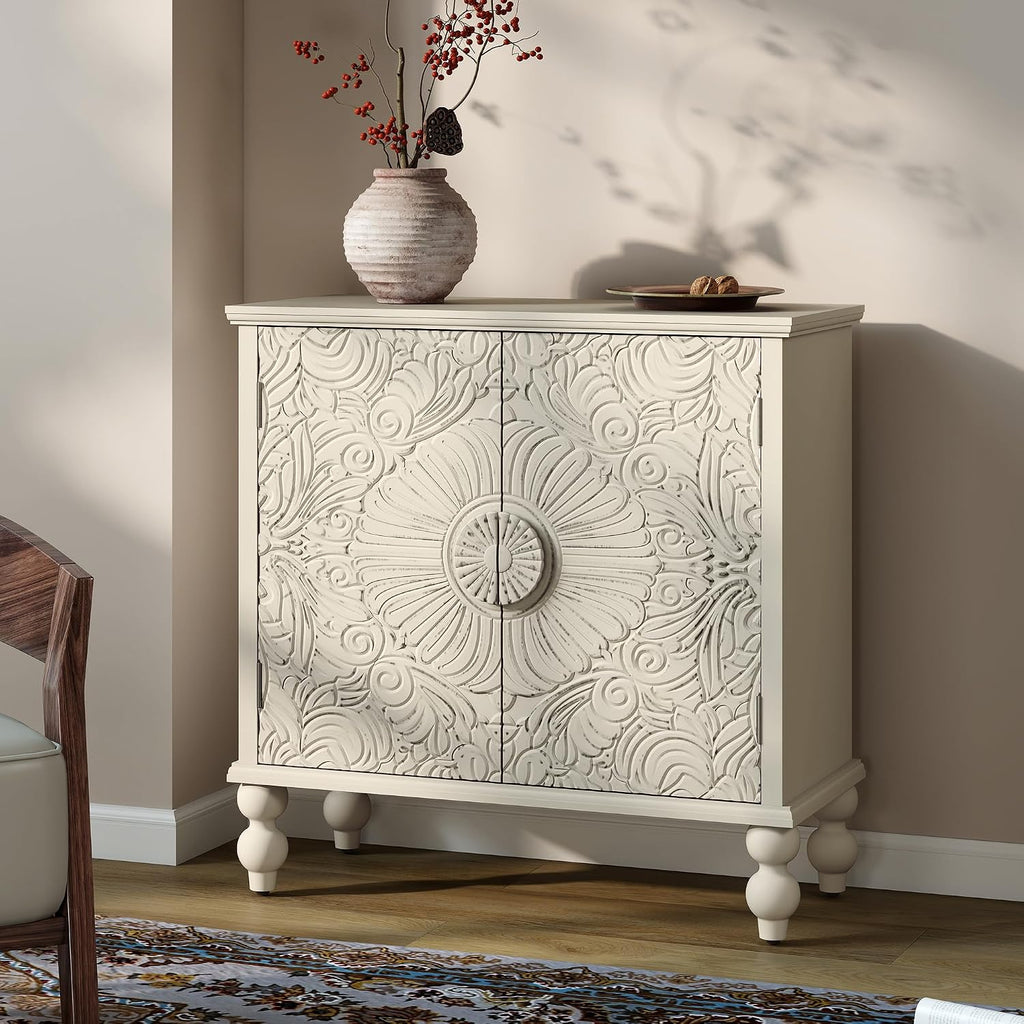 Solid Wood Buffet Cabinet, Accent Cabinet, 2 Carved Doors, Beige