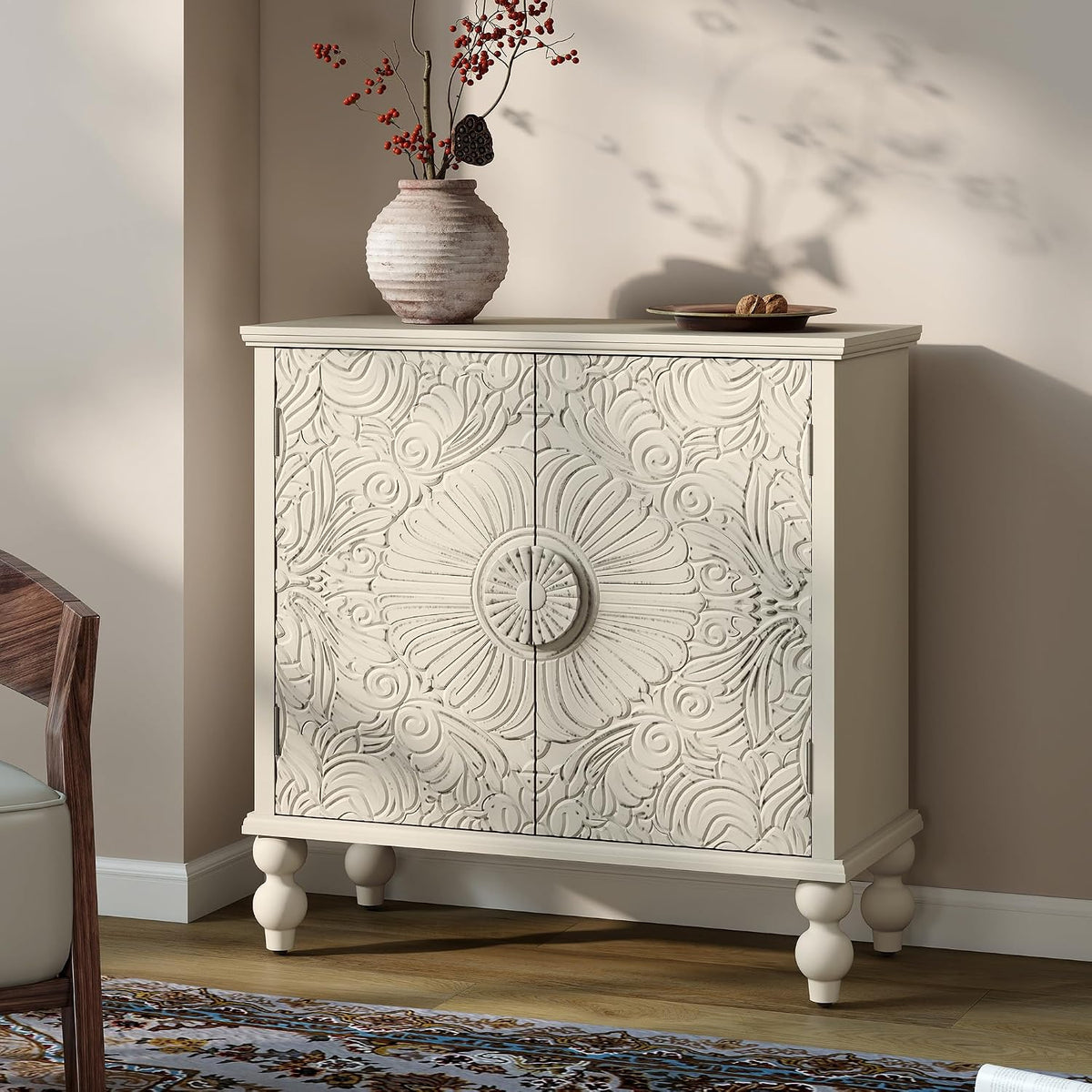 Solid Wood Buffet Cabinet, Accent Cabinet, 2 Carved Doors, Beige
