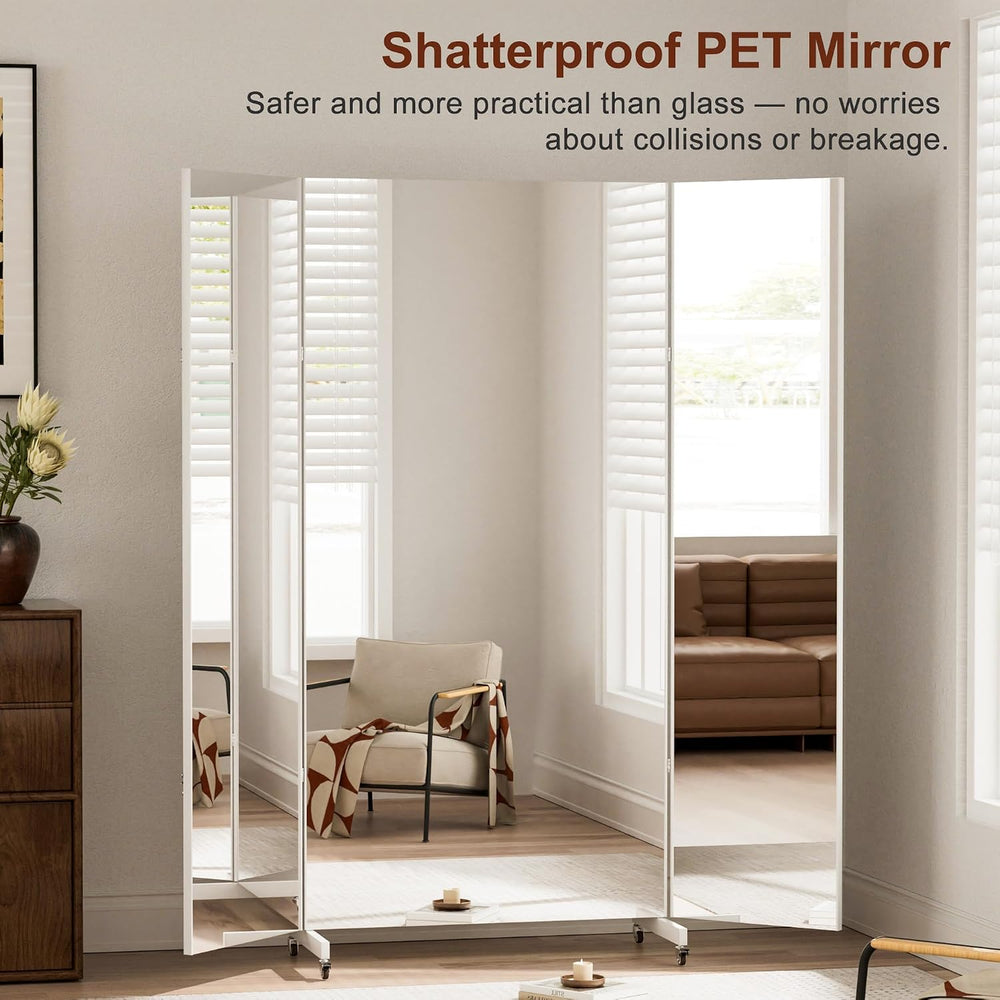 brisafe Tri-Fold Full Length NanoMirror with Wheels, 71 x 71 in, White