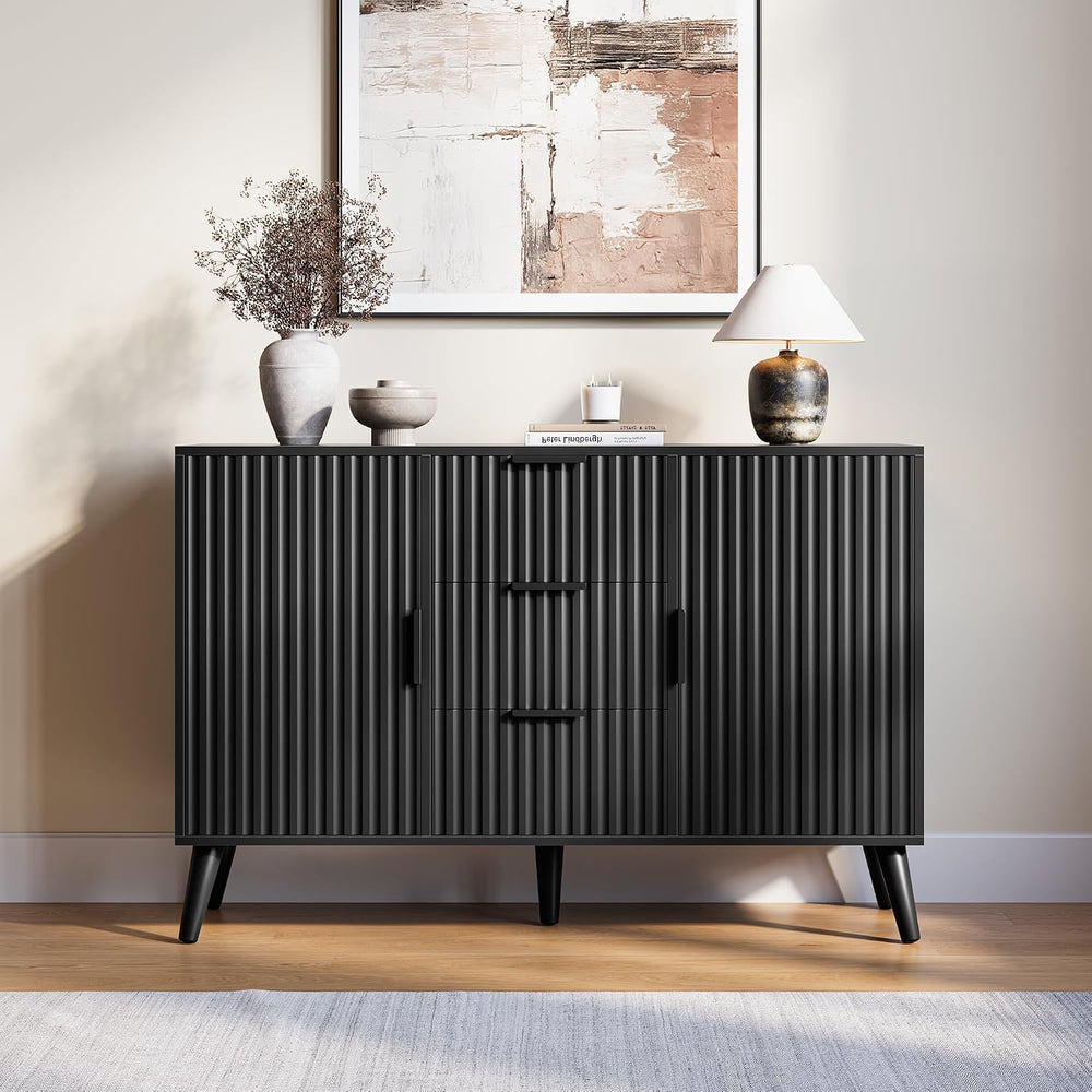 47.2" Fluted Sideboard Buffet Cabinet with 3 Drawers, Black Modern Buffe...
