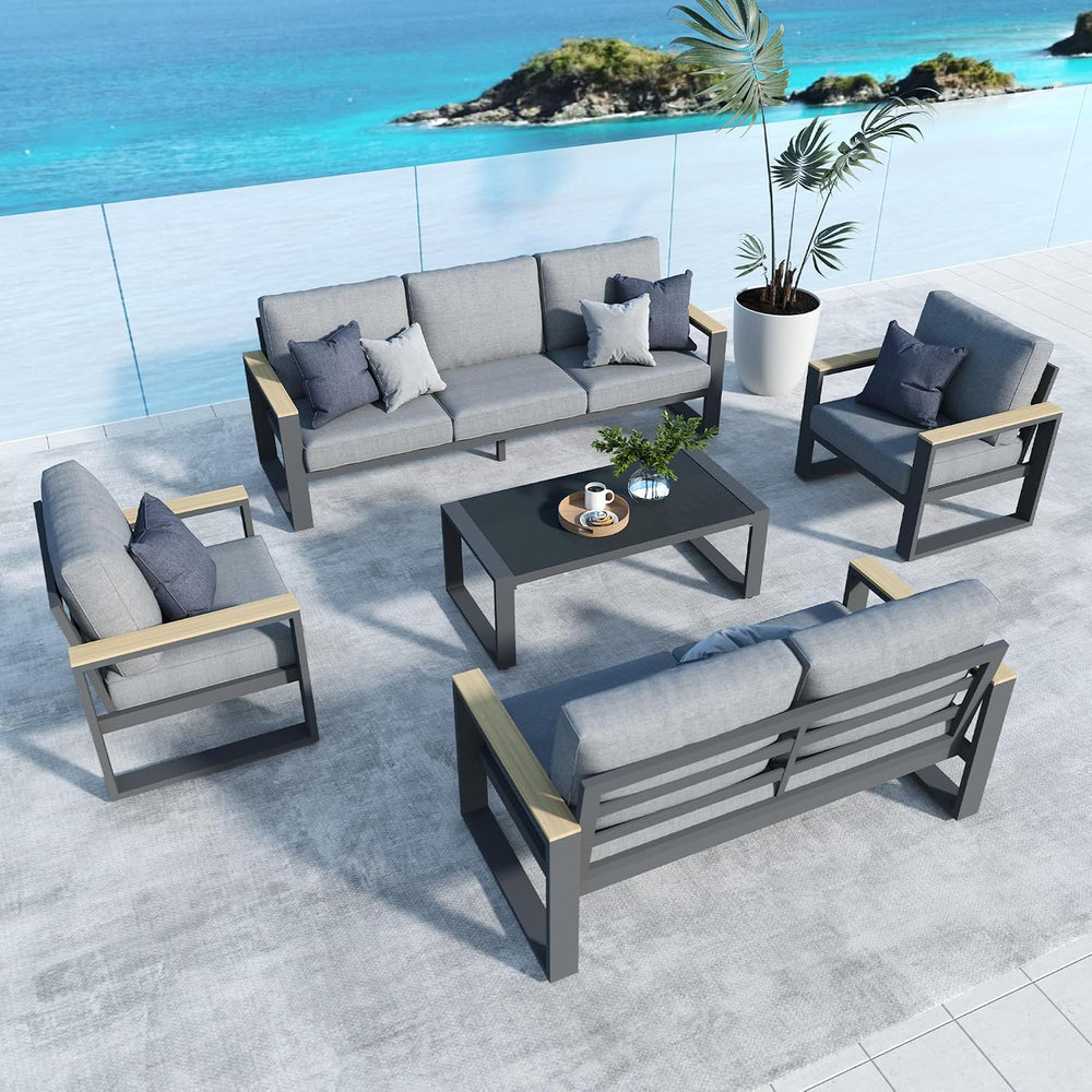 Aluminum Outdoor Patio Furniture Set with Height-adjustable Footrest for Lawn...